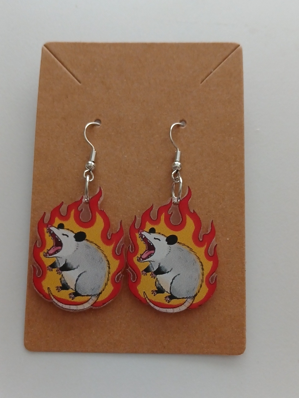 Fashion Jewelry Gray Opossum Flame Drop Earrings with Red and Yellow Flames